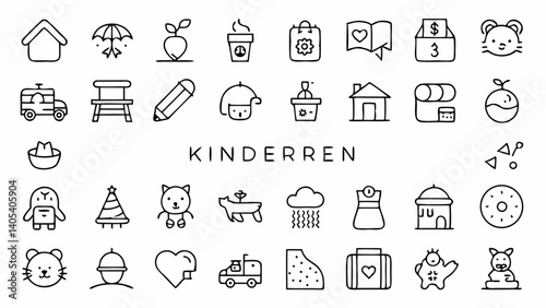 Add creative flair to educational designs with this set of kindergarten-themed outline icons covering learning tools, playtime activities, and classroom essentials