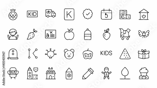 Design cheerful visuals with outline icons created for kindergarten settings, from alphabet blocks and storybooks to playgrounds, teachers, and classroom moments