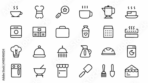 Add stylish and clean line visuals to culinary content with kitchen outline icons showcasing items like pans, ovens, blenders, and other cooking-related symbols