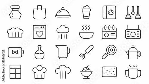 Cooking enthusiasts and kitchen designers will appreciate this set of outline icons, perfect for smart kitchen interfaces, recipe cards, and meal planning visuals