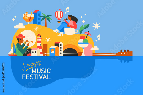 Summer music festival modern poster design in trendy geometrical style. Template for cards, banner and background