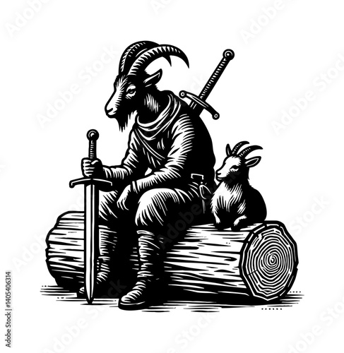 Wandering Swordsman in Thought Sitting on Log Surrounded by Sheep or Goats Illustration