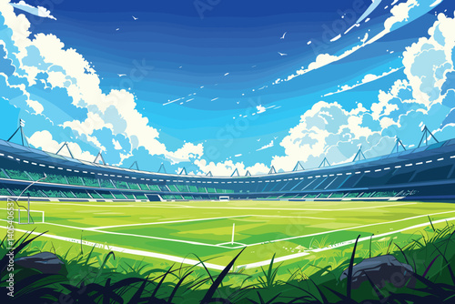 Football arena field with lights sun daytime vector design. Vector illustration