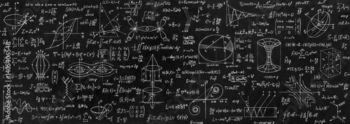 Wide board with scientific formulas and calculations in physics and mathematics. Scientific and educational background.