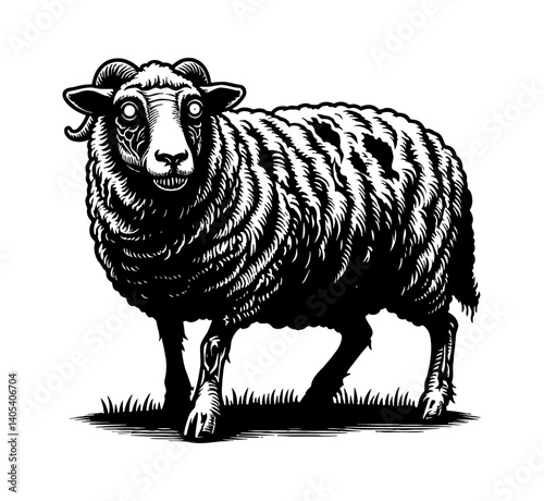 Creepy Sheep or Goat Zombie Silhouette with Red Eyes in the Dark