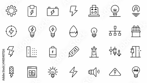Collection of outline electricity icons designed for electricians utility companies and energy sectors offering scalable vector elements for technical illustrations