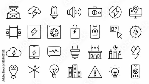 Editable electricity related icon set with precise outlines suitable for power generation themes engineering projects and sustainable energy design content