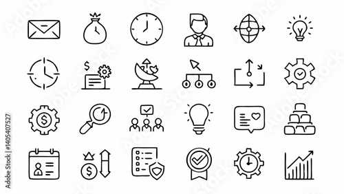 Elegant and functional line icons related to productivity tools time management apps business planning and workplace software with a minimalist aesthetic