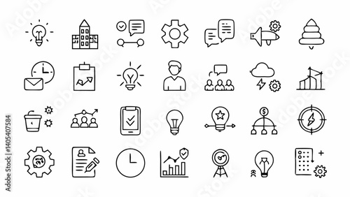 Line icons focused on project startup and management including planning strategy teamwork and innovation themes perfect for business and tech projects