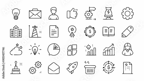 Scalable vector line icons related to project startup and management perfect for agile development teams and productivity focused design projects