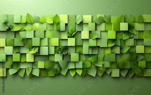 Abstract green leaf and cube pattern.