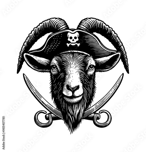 A Goat Dressed as a Pirate with an Eye Patch Holding a Sword with Determined Expression