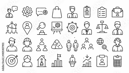 Minimalist business icon collection designed with clean lines and uniform strokes representing office finance communication management and related concepts