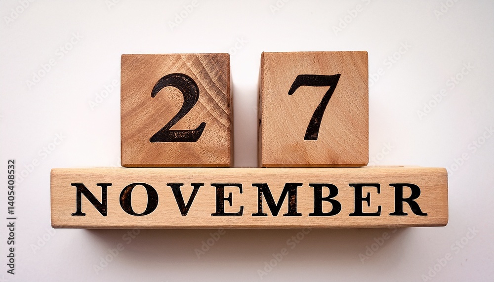 Minimalist photo of wooden blocks with date 27 November. Day and month, calendar on white background Minimalist photo of wooden blocks with date 27 November. Day and month, calendar on white background