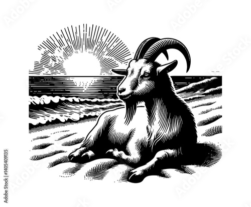 Sheep and Goat Relaxing Together on a Sunny Beach, enjoying the ocean view