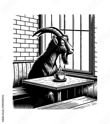 Sheep or goat drinking coffee looking out window in cafe corner illustration