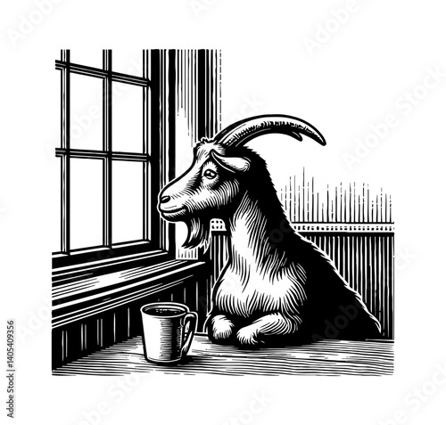 Sheep drinks coffee staring out cafe window, creating a whimsical and charming scene.