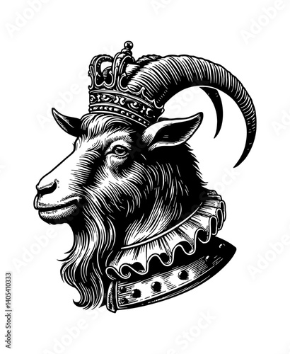 Goat head wearing royal attire with serious expression in detailed illustration style art