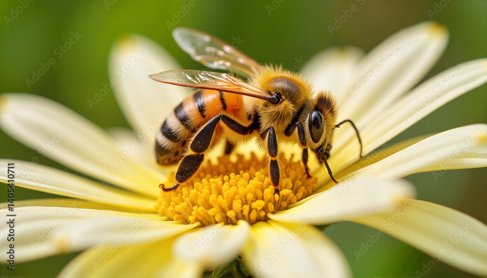 Naklejka premium A single pollen-covered bee delicately landing on a daisy 