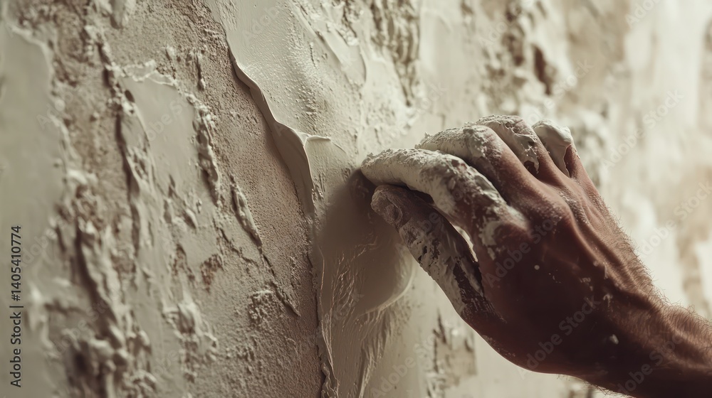 Obraz premium Worker applies plaster with precision, filling surface gaps and imperfections—close-up highlights smooth texture and craftsmanship.