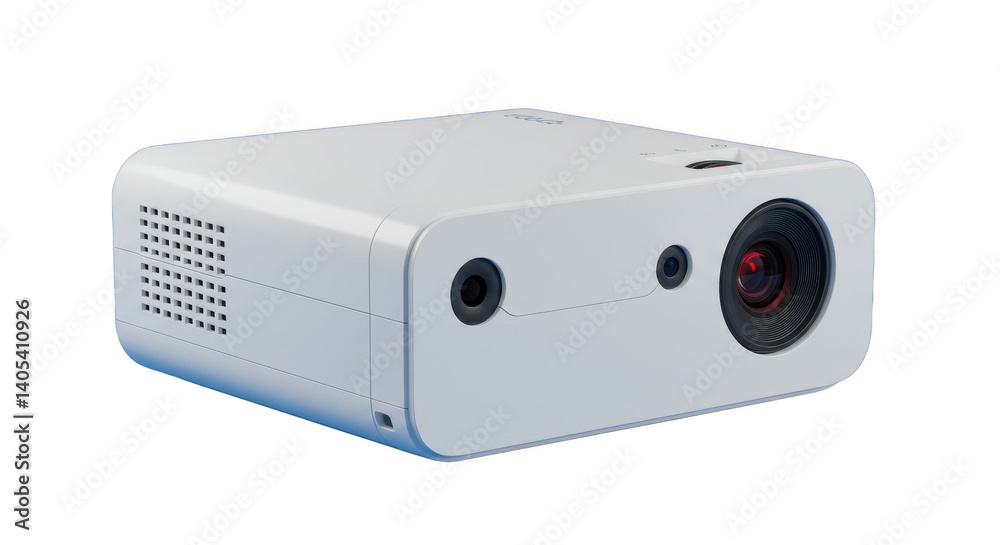 A close up shot of a white projector with lens and ventilation holes on a dark background A close up shot of a white projector with lens and ventilation holes on a dark background