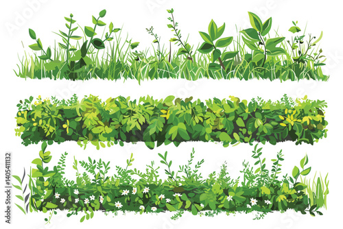 Ornamental green plant in the form of a hedge.Realistic garden shrub, seasonal bush, boxwood, tree crown bush foliage.For decorate of a park, a garden or a green fence.
