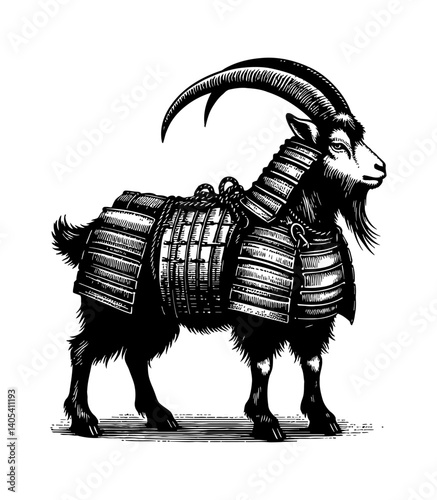 Sheep or Goat in Samurai Armor with Serious Expression and Confident Stance