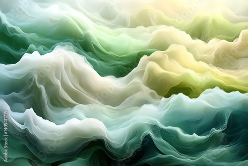 Abstract landscape of flowing, pastel green and white waves.