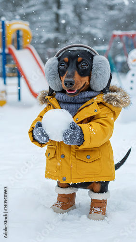This is a 3D-style illustration of a Dachshund dog character dressed in a yellow winter coat and earmuffs, holding a snowball in a snowy playground. photo