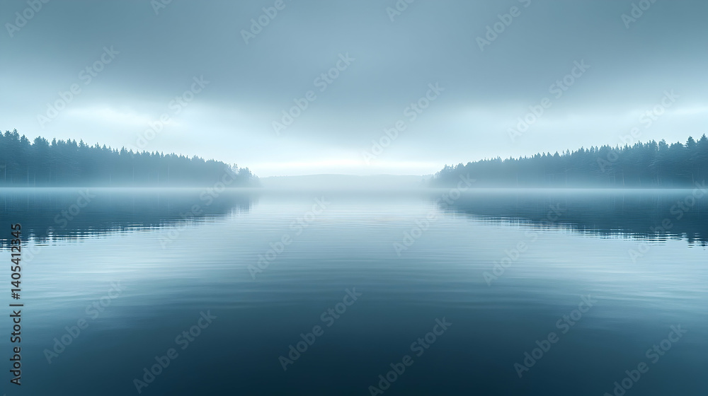 Fototapeta premium Serene misty lake reflecting tranquil forests under a cloudy sky at dawn, perfect for relaxation