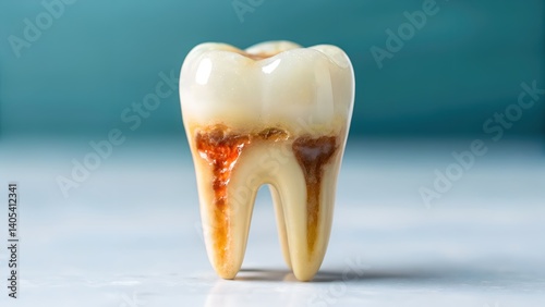 A detailed close-up reveals a decaying tooth model showcasing severe bacterial infection and tooth decay, highlighting the detrimental effects of poor oral hygiene and the urgent
