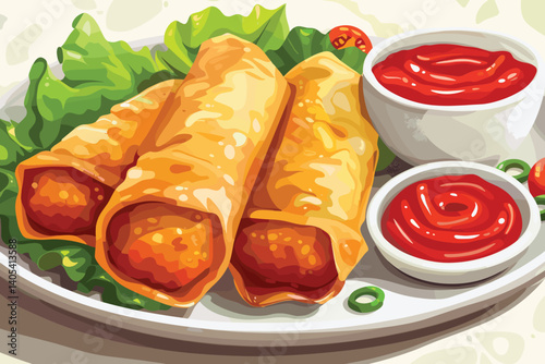 Crispy spring rolls served with a tangy dipping sauce on a plate