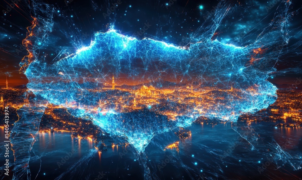 Night city, digital map overlay, glowing network, data visualization, technology background, for tech articles Night city, digital map overlay, glowing network, data visualization, technology background, for tech articles