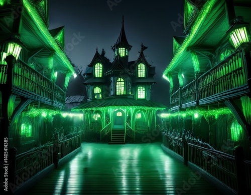 A haunted house illuminated by eerie green lights at night, surrounded by a mysterious atmosphere.