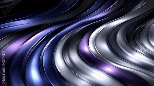 Abstract metallic curves, blue, silver, purple swirls.