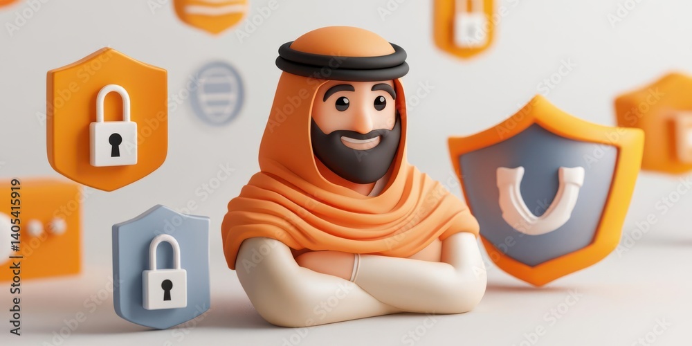 Obraz premium 3D character representing security and protection in a digital environment with shields and locks