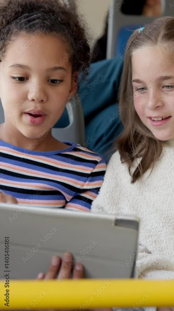 Girls, friends and travel on bus with tablet for entertainment, online cartoon and educational game. Happy students, children and trip on public transport for morning commute and school destination Girls, friends and travel on bus with tablet for entertainment, online cartoon and educational game. Happy students, children and trip on public transport for morning commute and school destination