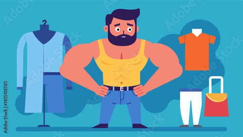 A short film showing a man struggling to find clothes that fit him properly and feeling ashamed as he compares himself to the muscular models in adver.. Vector illustration