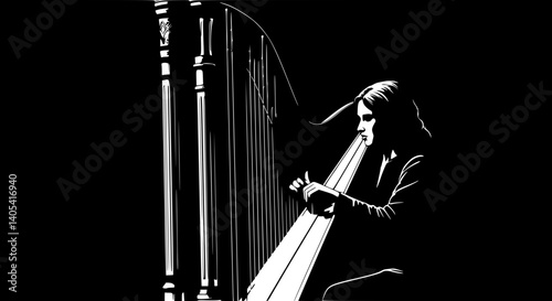 Woman concentrating playing harp in dark concert hall