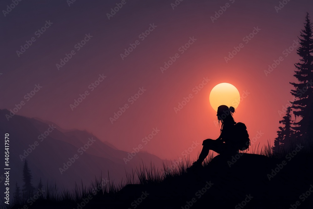 A person sitting on top of a hill with a backpack at sunset A person sitting on top of a hill with a backpack at sunset