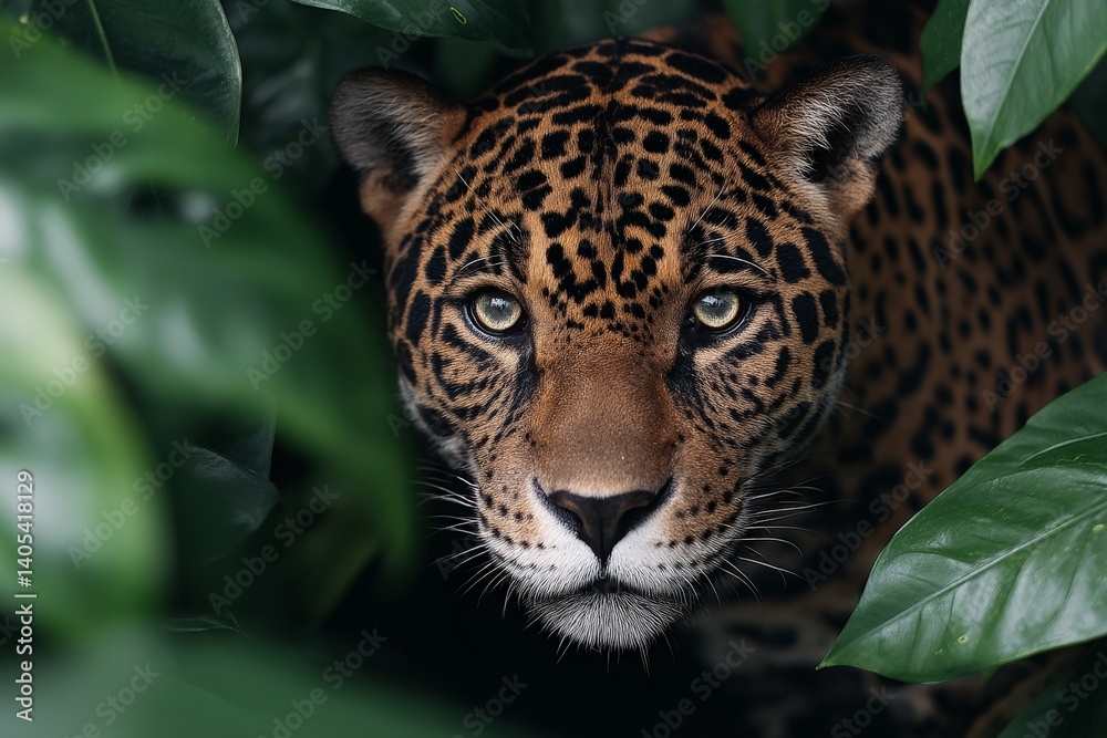Leopard hiding in tropical foliage with intense focused eyes and spotted fur pattern visible through green leaves in wild animal jungle setting full of tension and primal beauty