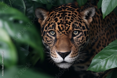 Obraz na płótnie Leopard hiding in tropical foliage with intense focused eyes and spotted fur pattern visible through green leaves in wild animal jungle setting full of tension and primal beauty w salonie