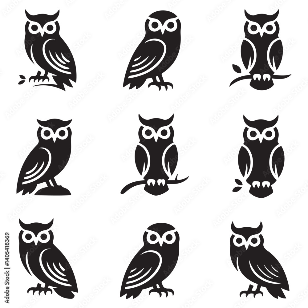 Fototapeta premium Owl - Vector Black silhouettes Illustration. Icon Design and Inspirational. with white background