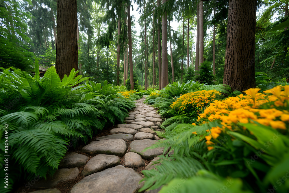 Stone path winds through lush green forest, vibrant yellow flowers line the way . Generative AI Stone path winds through lush green forest, vibrant yellow flowers line the way . Generative AI
