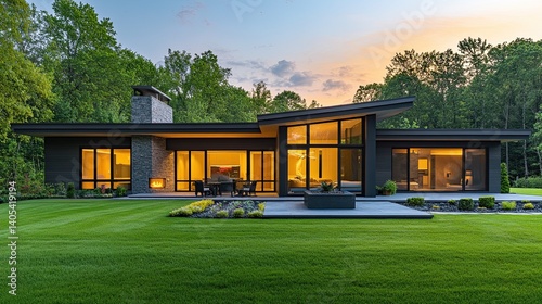 Suburban home with minimalist architecture featuring large windows and a well-kept lawn. 