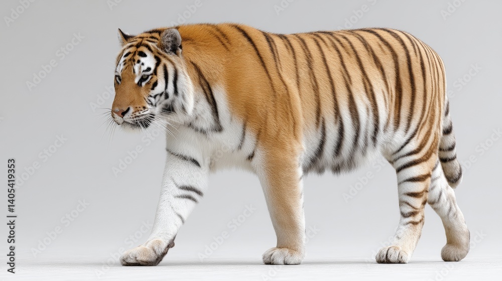 Obraz premium Classic golden tiger walking left on neutral gray surface in wildlife profile focus with soft ambient tone and realistic tiger fur detail in motion