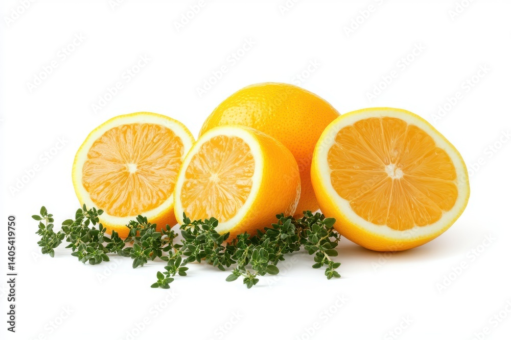 Cut oranges with green herbs isolated on white background Cut oranges with green herbs isolated on white background