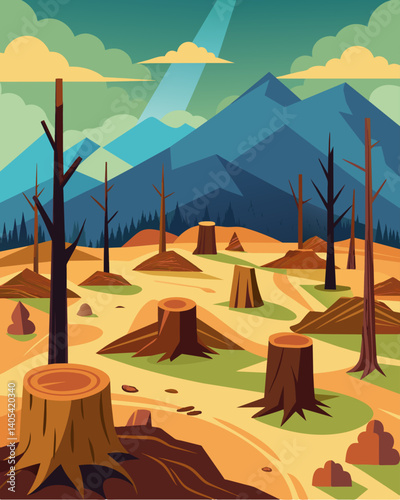 A vast deforested landscape with only a few tered stumps remaining a result of unsustainable logging practices.. Vector illustration