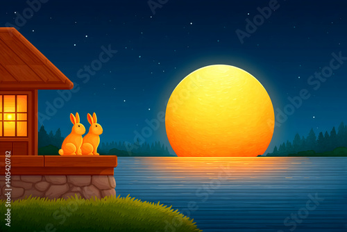 Two rabbits sit on a porch, gazing at a giant harvest moon rising over a calm lake . Generative AI