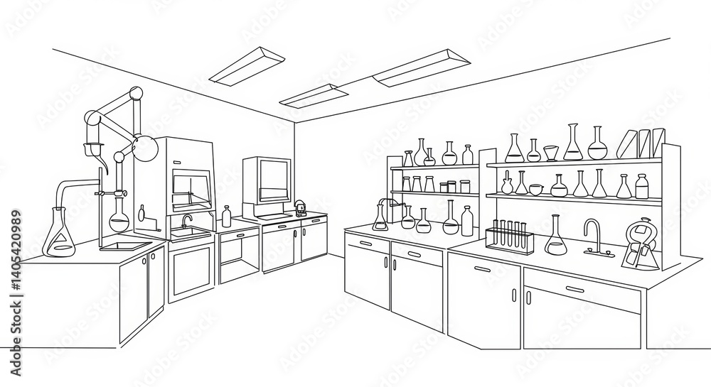Fototapeta premium Minimalist Chemistry Lab Interior Illustration with Single Line Glassware Design